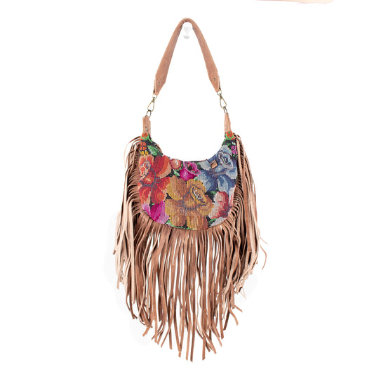 BOHO FRINGE SADDLE BAG - OOAK HUIPIL - FAWN - NO. 16631