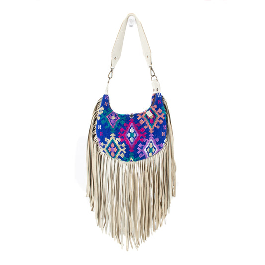 BOHO FRINGE SADDLE BAG - OOAK HUIPIL - BONE - NO. 16632