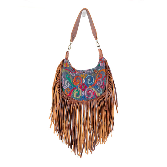 BOHO FRINGE SADDLE BAG - OOAK HUIPIL - HONEY - NO. 16633