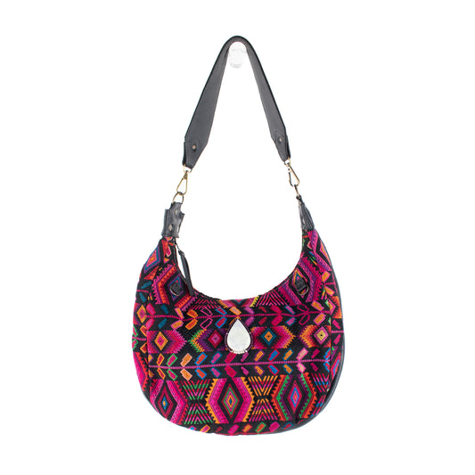 BOHO SADDLE BAG WITH JADE - OOAK HUIPIL - BLACK - NO. 16716