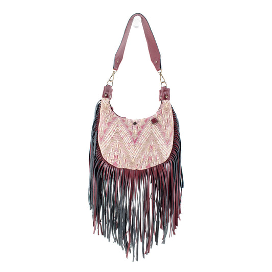 SMALL BOHO FRINGE SADDLE BAG - OOAK HUIPIL - AMARANTH - NO. 17034