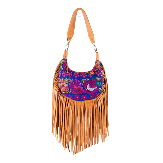 SMALL BOHO FRINGE SADDLE BAG - OOAK HUIPIL - BOURBON - NO. 17035