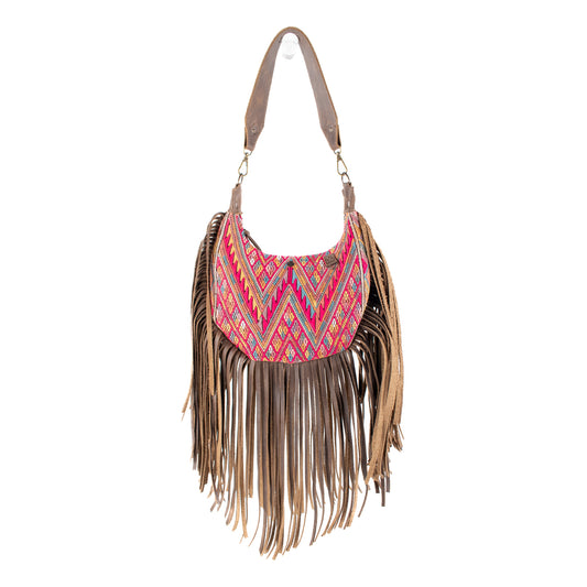 SMALL BOHO FRINGE SADDLE BAG - OOAK HUIPIL - FOSSIL - NO. 17036