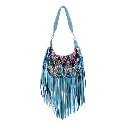 SMALL BOHO FRINGE SADDLE BAG - OOAK HUIPIL - CERULEAN - NO. 17037