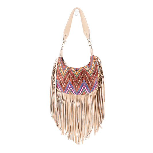 SMALL BOHO FRINGE SADDLE BAG - OOAK HUIPIL - LATTE - NO. 17038