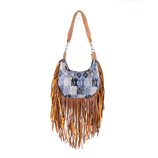 SMALL BOHO FRINGE SADDLE BAG - OOAK HUIPIL - CAFE - NO. 17132