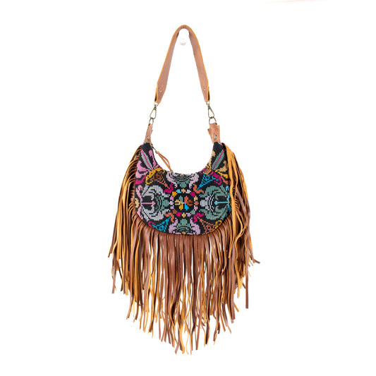 SMALL BOHO FRINGE SADDLE BAG - OOAK HUIPIL - CAFE - NO. 17133