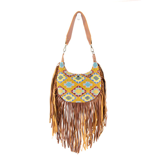 SMALL BOHO FRINGE SADDLE BAG - OOAK HUIPIL - CAFE - NO. 17134