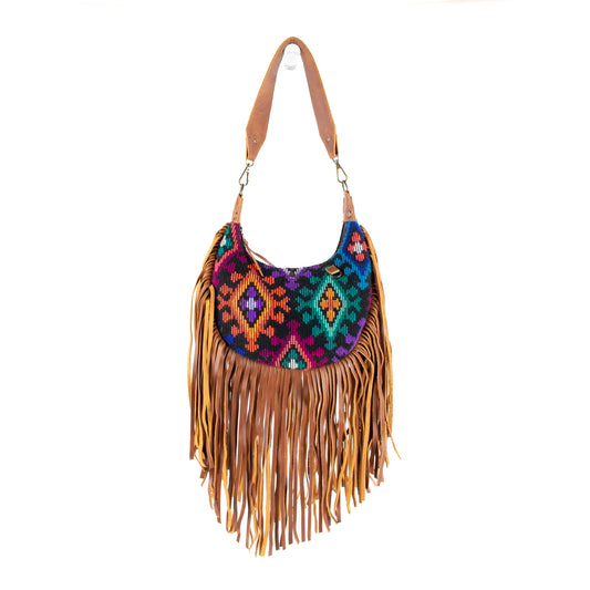 SMALL BOHO FRINGE SADDLE BAG - OOAK HUIPIL - CAFE - NO. 17135