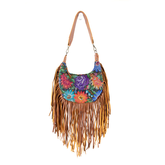 SMALL BOHO FRINGE SADDLE BAG - OOAK HUIPIL - CAFE - NO. 17136