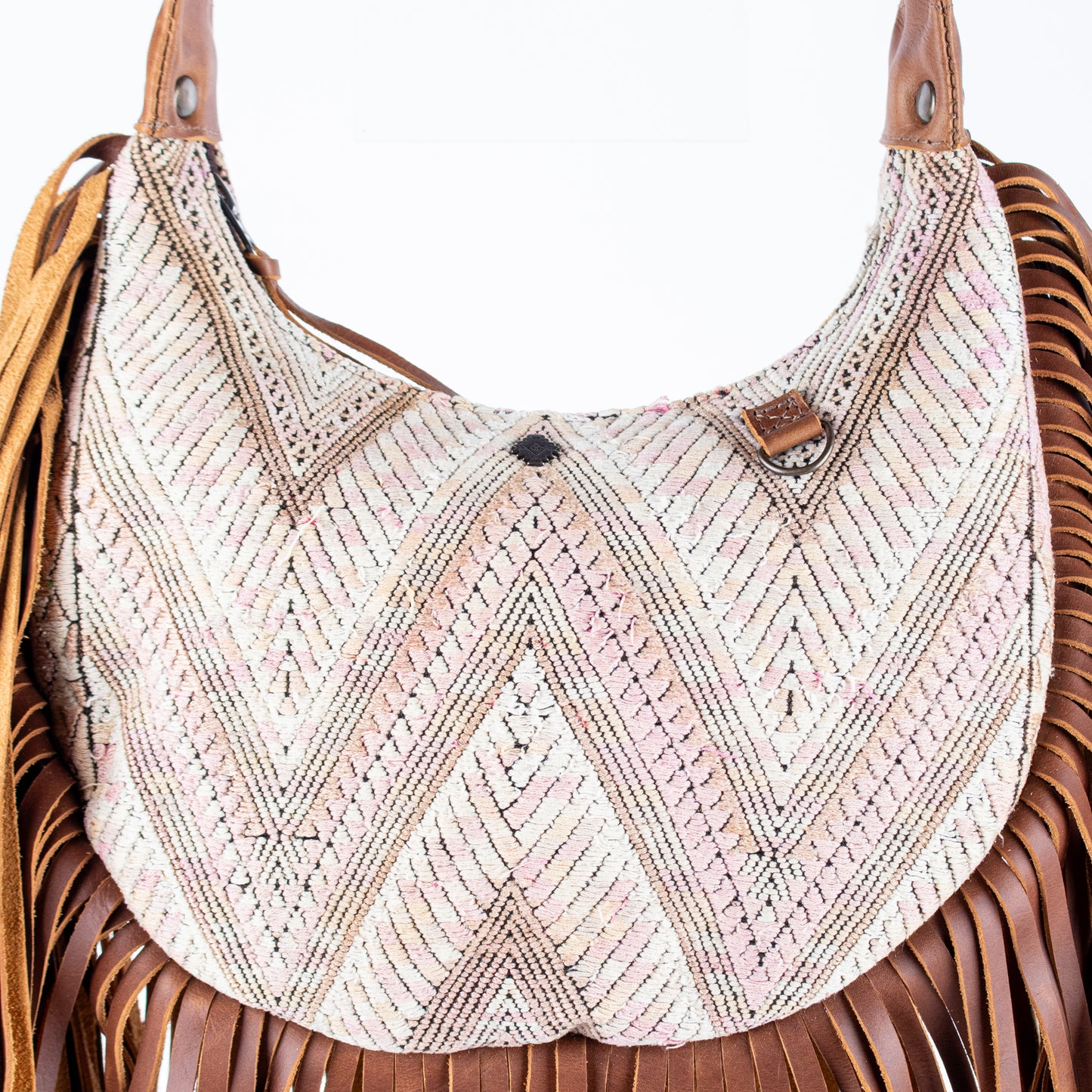 SMALL BOHO FRINGE SADDLE BAG - OOAK HUIPIL - CAFE - NO. 17137