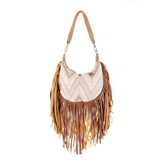 SMALL BOHO FRINGE SADDLE BAG - OOAK HUIPIL - CAFE - NO. 17137