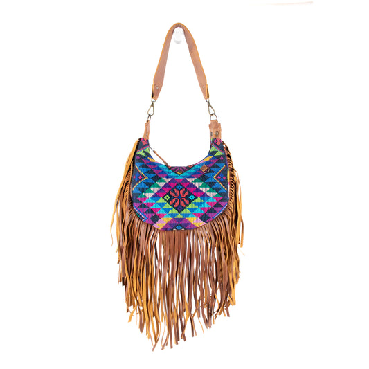 SMALL BOHO FRINGE SADDLE BAG - OOAK HUIPIL - CAFE - NO. 17138