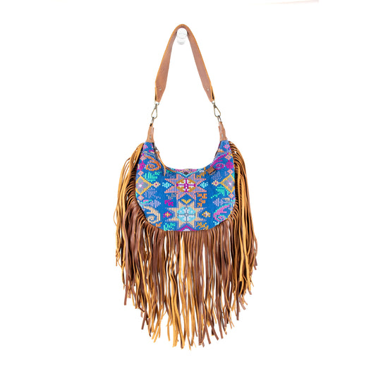 SMALL BOHO FRINGE SADDLE BAG - OOAK HUIPIL - CAFE - NO. 17139