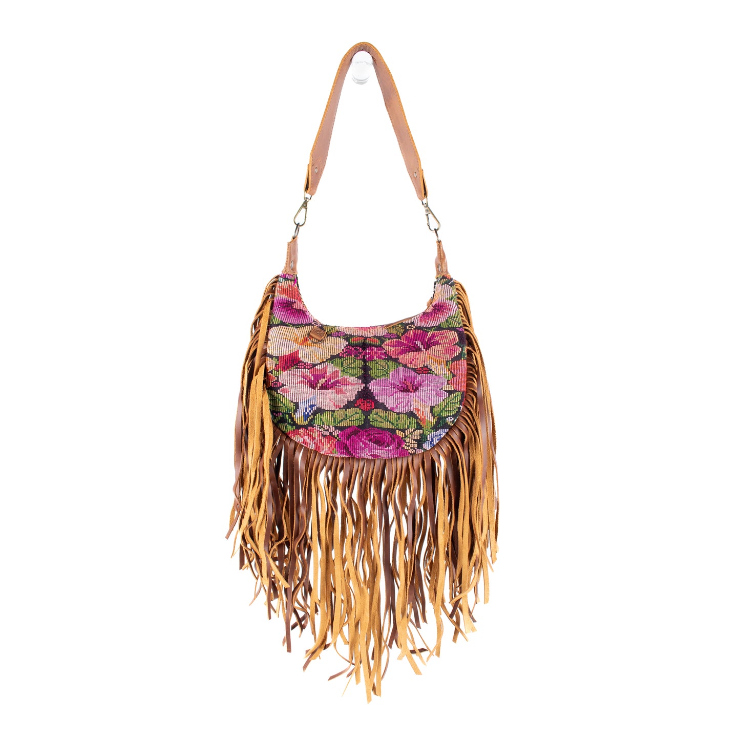 SMALL BOHO FRINGE SADDLE BAG - OOAK HUIPIL - CAFE - NO. 17140