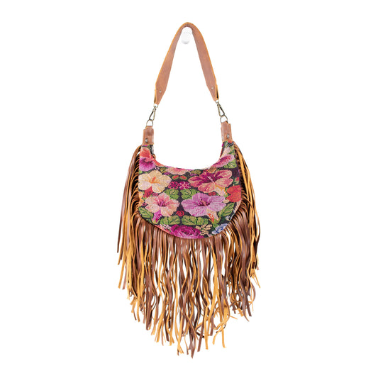 SMALL BOHO FRINGE SADDLE BAG - OOAK HUIPIL - CAFE - NO. 17140