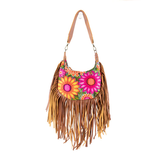 SMALL BOHO FRINGE SADDLE BAG - OOAK HUIPIL - CAFE - NO. 17141