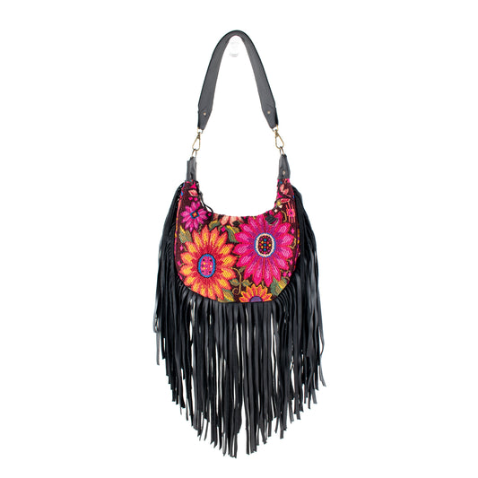 SMALL BOHO FRINGE SADDLE BAG - OOAK HUIPIL - BLACK - NO. 17142