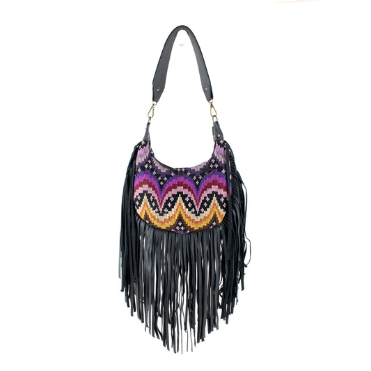 SMALL BOHO FRINGE SADDLE BAG - OOAK HUIPIL - BLACK - NO. 17143