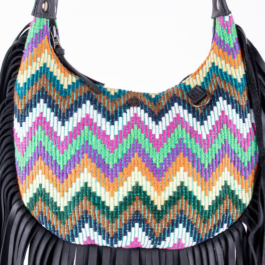 SMALL BOHO FRINGE SADDLE BAG - OOAK HUIPIL - BLACK - NO. 17144
