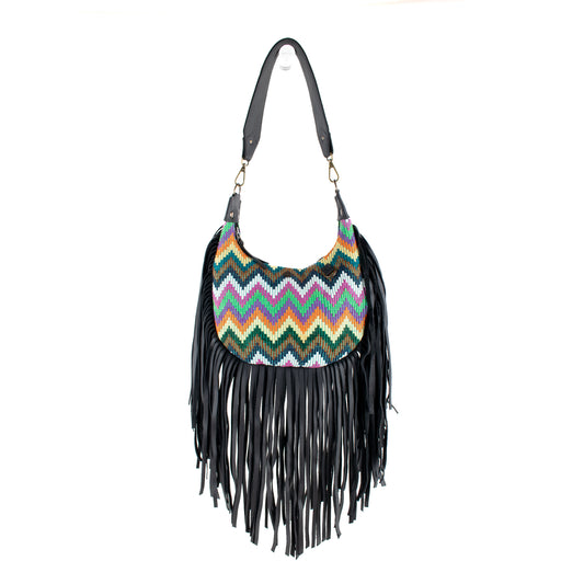 SMALL BOHO FRINGE SADDLE BAG - OOAK HUIPIL - BLACK - NO. 17144
