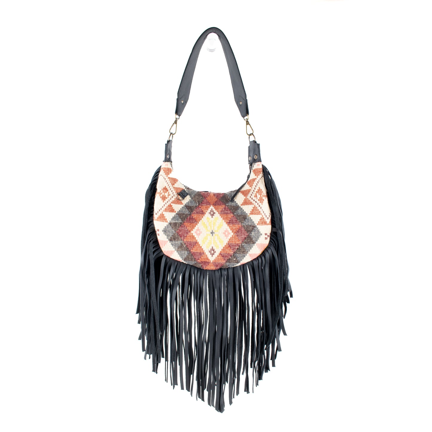 SMALL BOHO FRINGE SADDLE BAG - OOAK HUIPIL - BLACK - NO. 17145