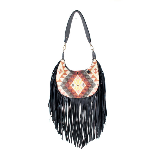 SMALL BOHO FRINGE SADDLE BAG - OOAK HUIPIL - BLACK - NO. 17145