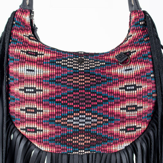 SMALL BOHO FRINGE SADDLE BAG - OOAK HUIPIL - BLACK - NO. 17146