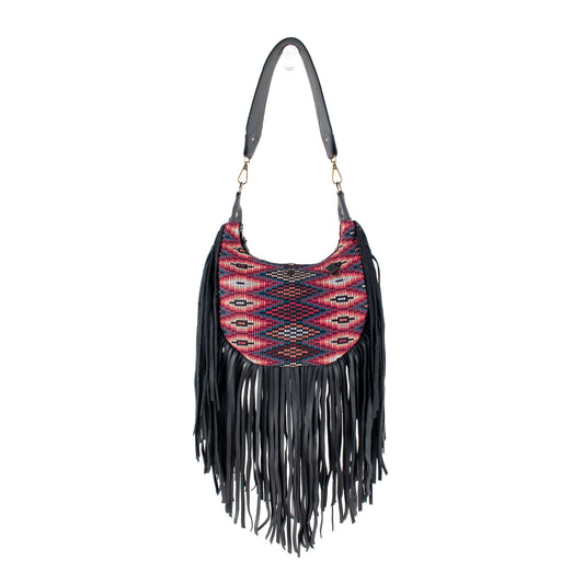 SMALL BOHO FRINGE SADDLE BAG - OOAK HUIPIL - BLACK - NO. 17146