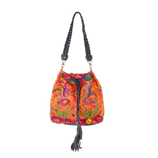 DRAWSTRING BUCKET BAG - OOAK HUIPIL - BLACK - NO. 17863