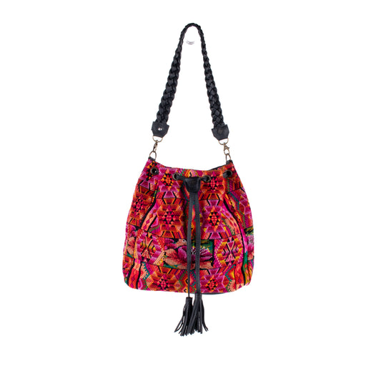DRAWSTRING BUCKET BAG - OOAK HUIPIL - BLACK - NO. 17982