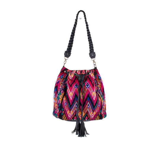 DRAWSTRING BUCKET BAG - OOAK HUIPIL - BLACK - NO. 17985