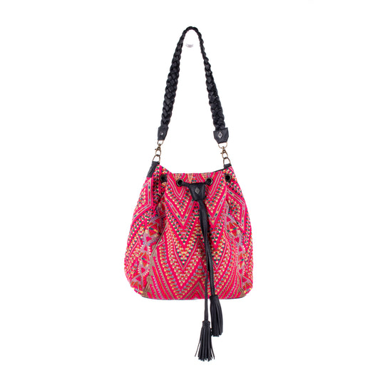 DRAWSTRING BUCKET BAG - OOAK HUIPIL - BLACK - NO. 17989
