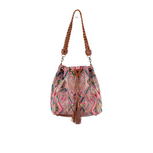 DRAWSTRING BUCKET BAG - OOAK HUIPIL - CAFE - NO. 17996