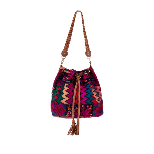 DRAWSTRING BUCKET BAG - OOAK HUIPIL - CAFE - NO. 17999