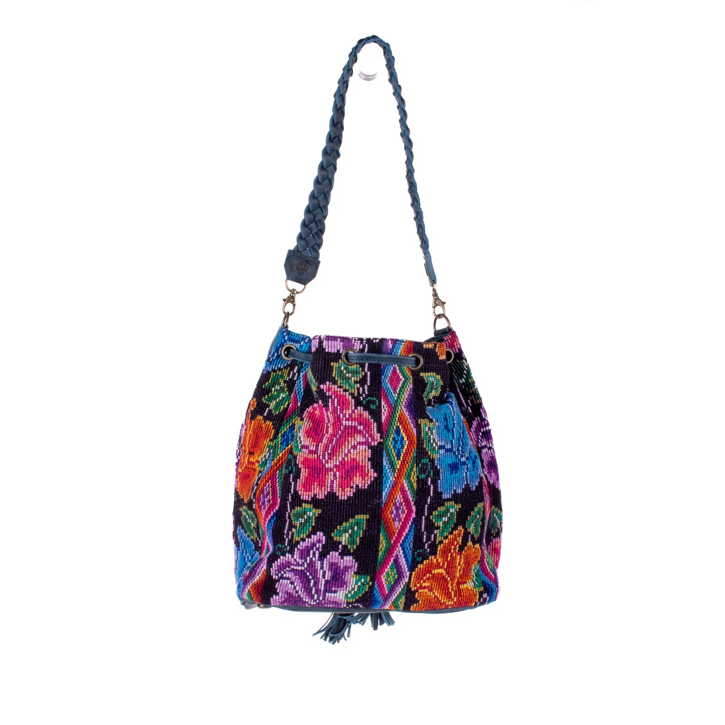 DRAWSTRING BUCKET BAG - OOAK HUIPIL - NAVY - NO. 18024