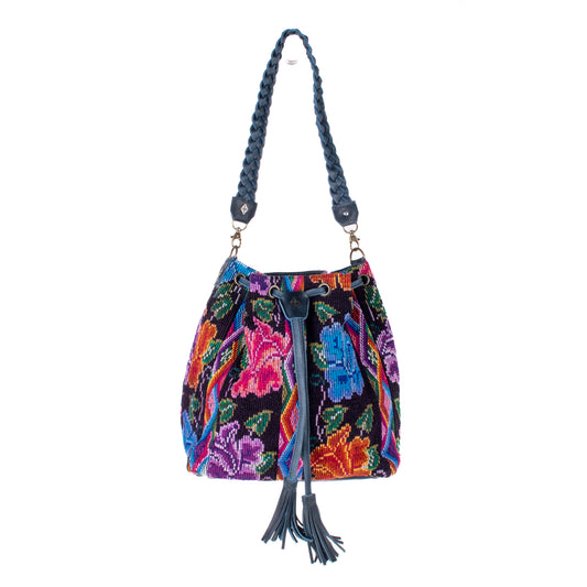 DRAWSTRING BUCKET BAG - OOAK HUIPIL - NAVY - NO. 18024