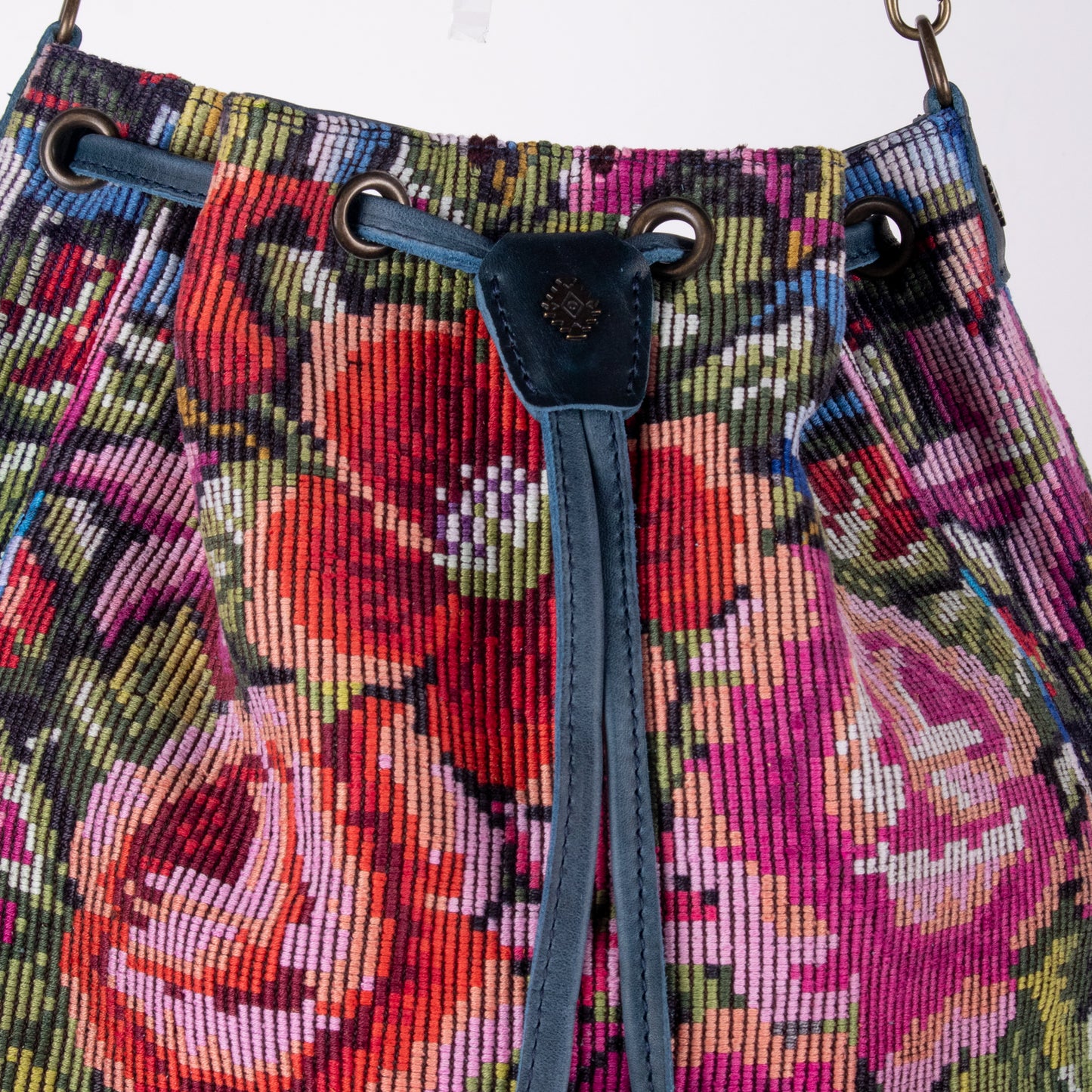 DRAWSTRING BUCKET BAG - OOAK HUIPIL - NAVY - NO. 18028