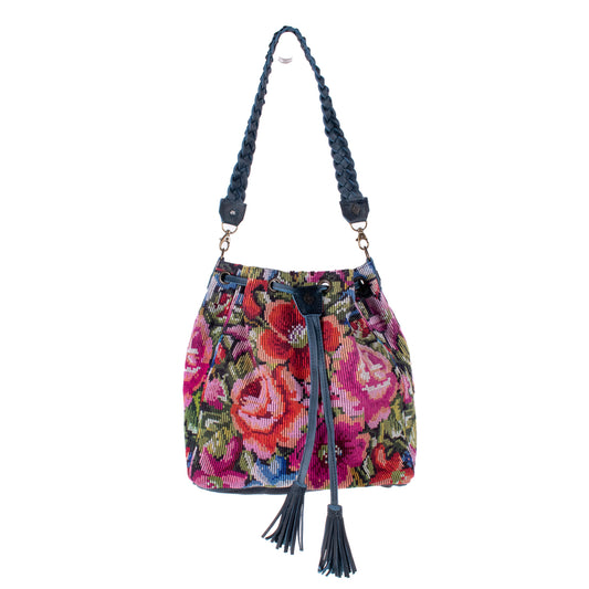 DRAWSTRING BUCKET BAG - OOAK HUIPIL - NAVY - NO. 18028