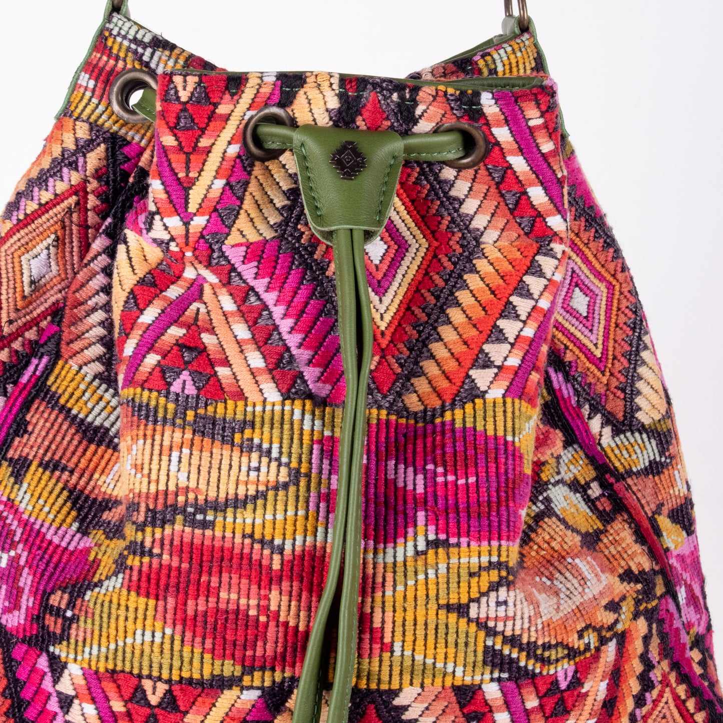 DRAWSTRING BUCKET BAG - OOAK HUIPIL - BASIL - NO. 18032