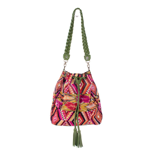 DRAWSTRING BUCKET BAG - OOAK HUIPIL - BASIL - NO. 18032