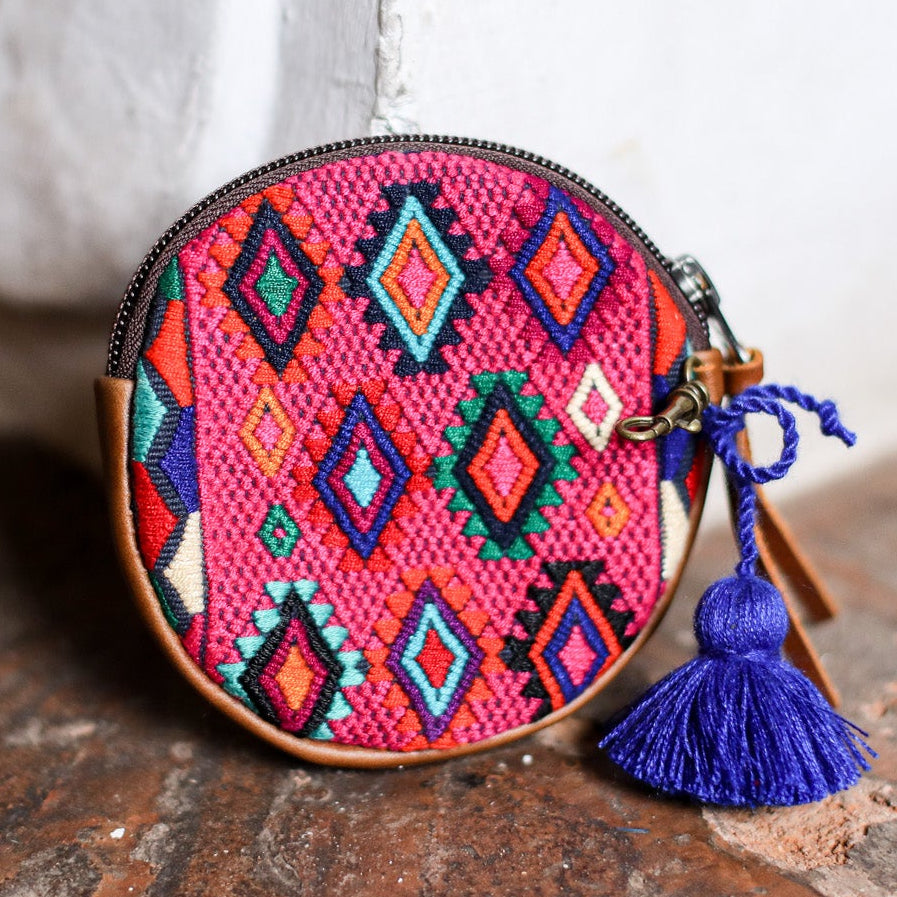 CIRCLE COIN PURSE - OOAK HUIPIL - CAFE - NO. 19036