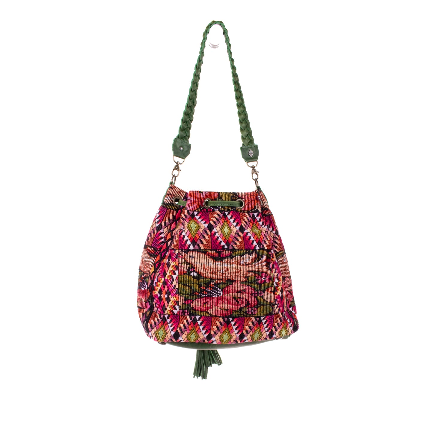 DRAWSTRING BUCKET BAG - OOAK HUIPIL - EMERALD - NO. 19072