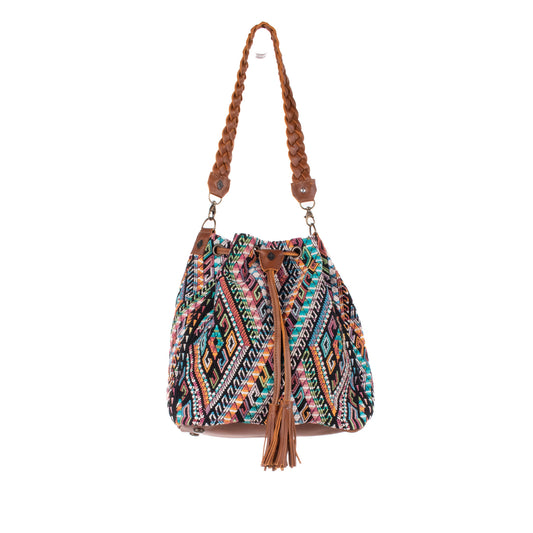 DRAWSTRING BUCKET BAG - OOAK HUIPIL - CAFE - NO. 19302