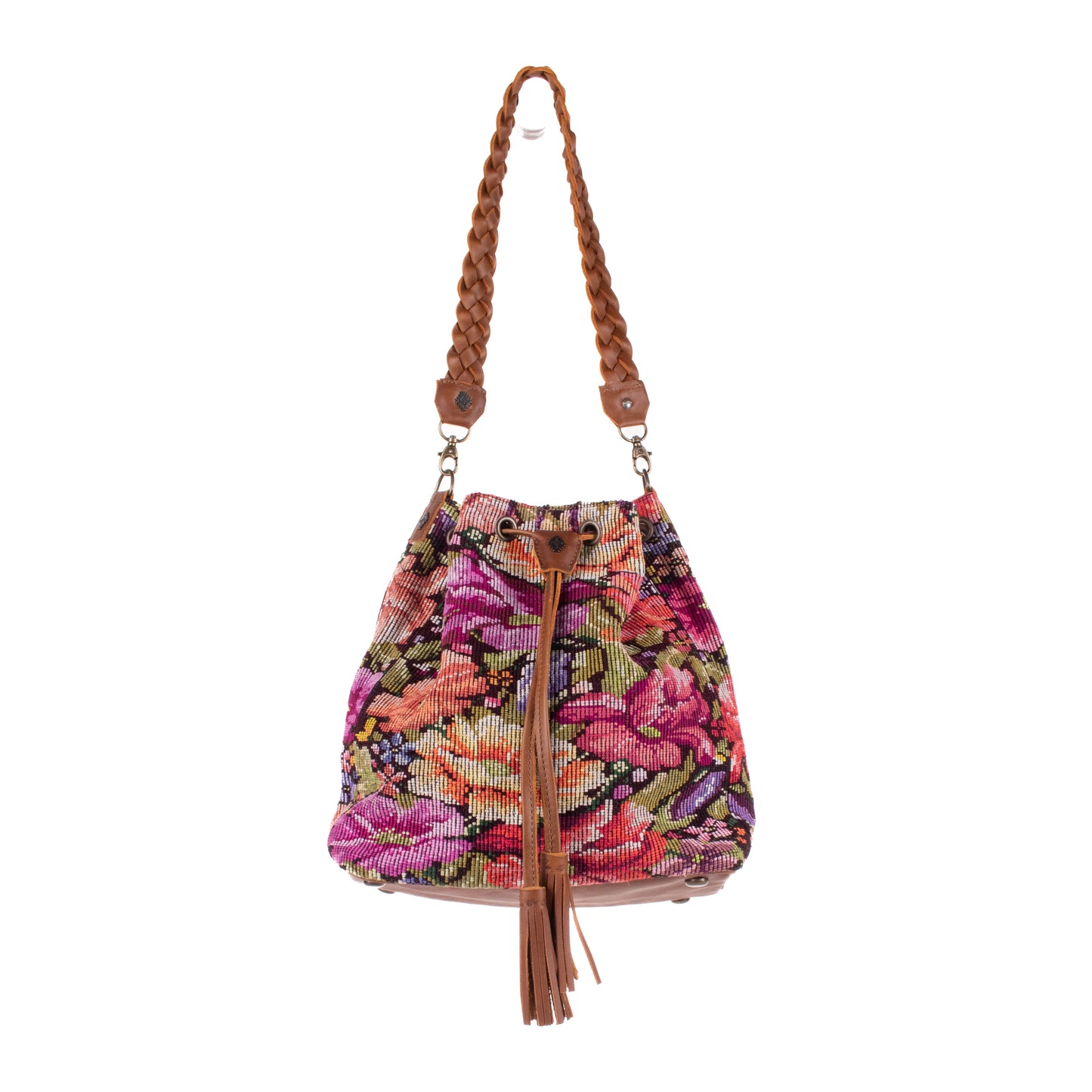 DRAWSTRING BUCKET BAG - OOAK HUIPIL - CAFE - NO. 19304