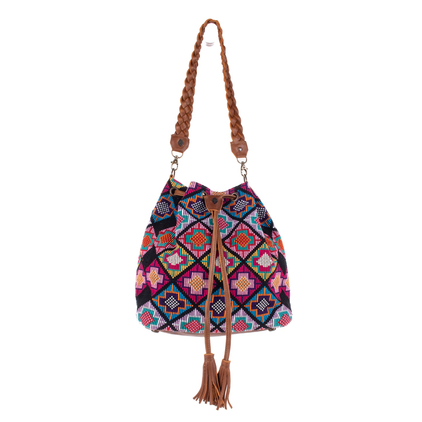 DRAWSTRING BUCKET BAG - OOAK HUIPIL - CAFE - NO. 19305