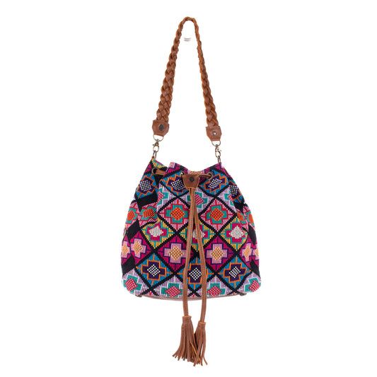 DRAWSTRING BUCKET BAG - OOAK HUIPIL - CAFE - NO. 19305