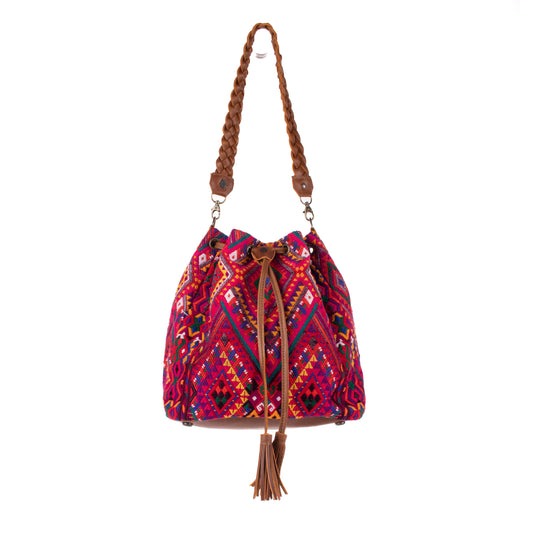 DRAWSTRING BUCKET BAG - OOAK HUIPIL - CAFE - NO. 19307