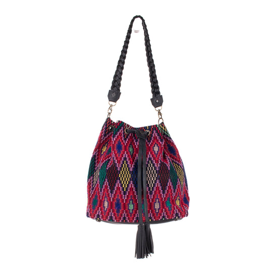 DRAWSTRING BUCKET BAG - OOAK HUIPIL - BLACK - NO. 19313