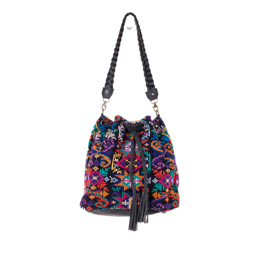 DRAWSTRING BUCKET BAG - OOAK HUIPIL - BLACK - NO. 19315